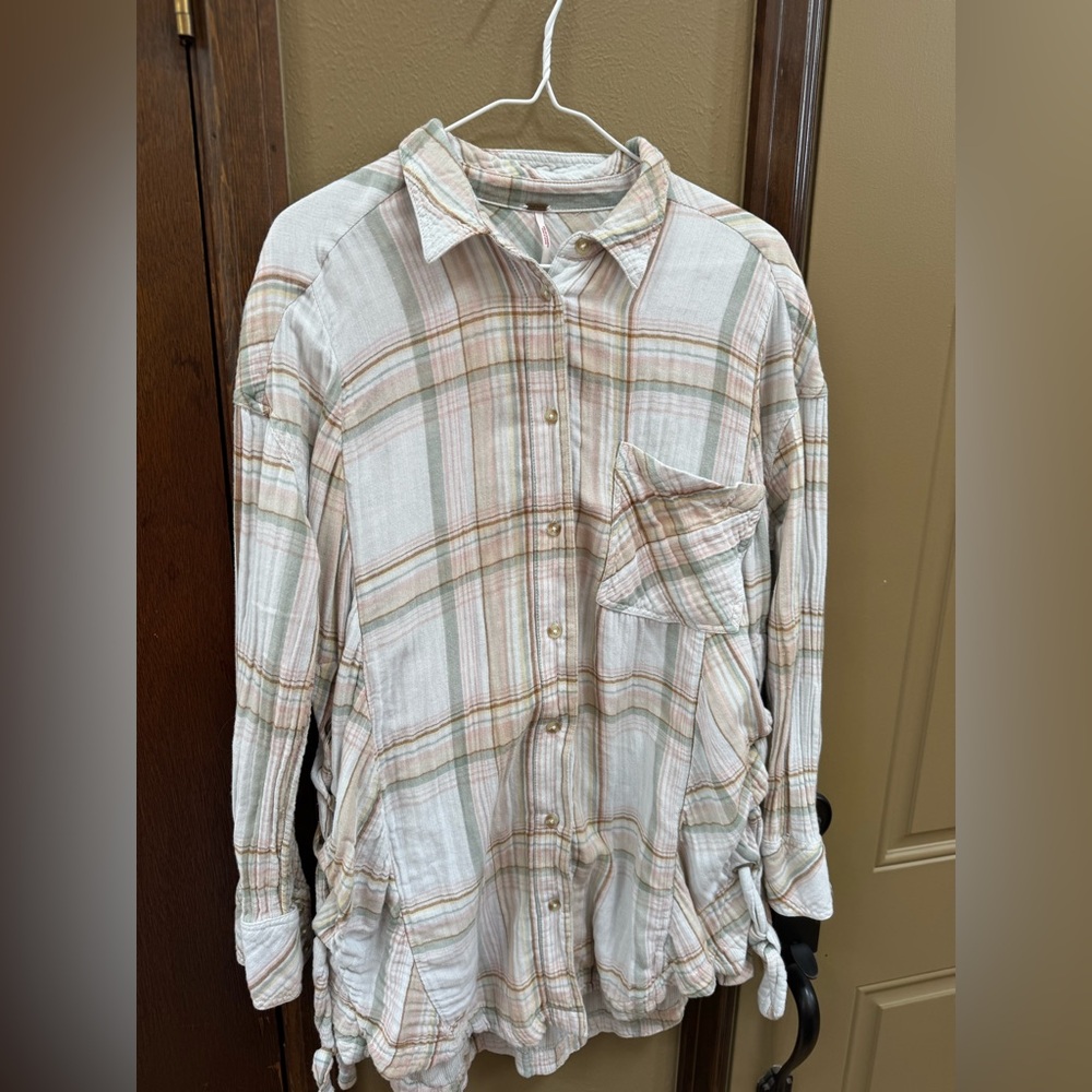 Free People oversized Plaid Button-Up Shirt in Cream, Sage & Tan size small